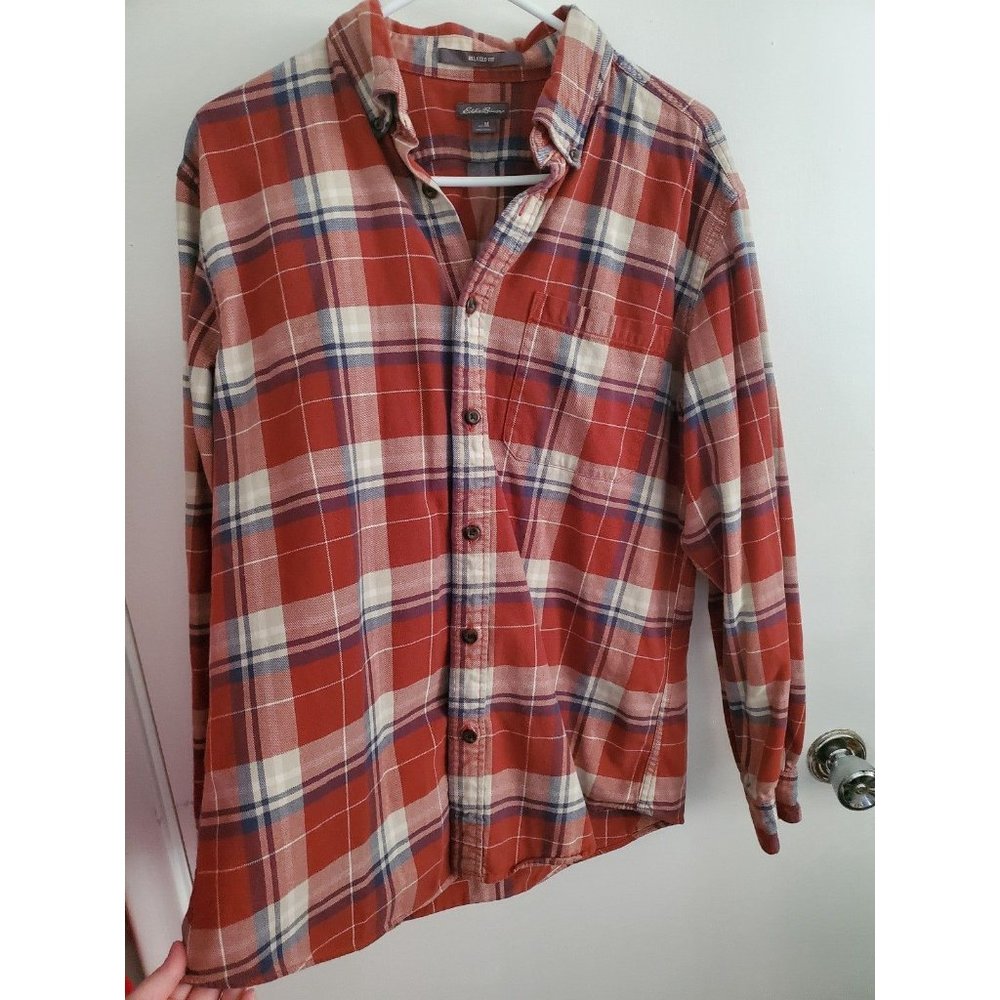 Orange and Blue Plaid Flannel Button Up Eddie Bauer Men's Medium Shirt